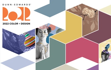 Dunn-Edwards 2022 Color + Design forecast collage showing the year’s palette in geometric hexagons with lifestyle photos