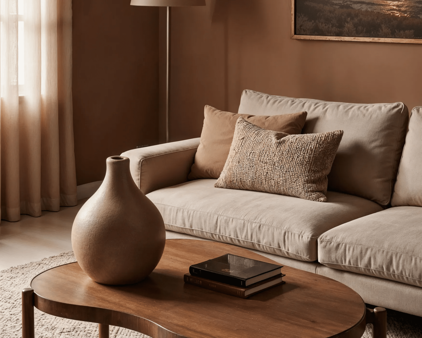 A hotel room with a couch and coffee table