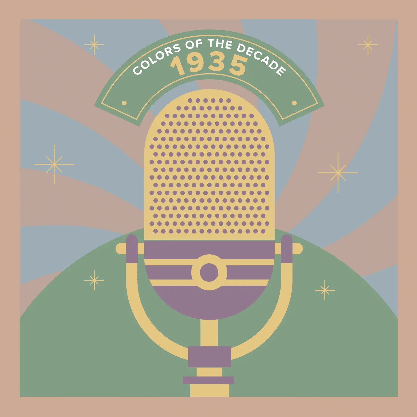 Art Deco illustration of a 1930s ribbon microphone with a Colors of the Decade 1935 banner, in muted green, mauve and gold